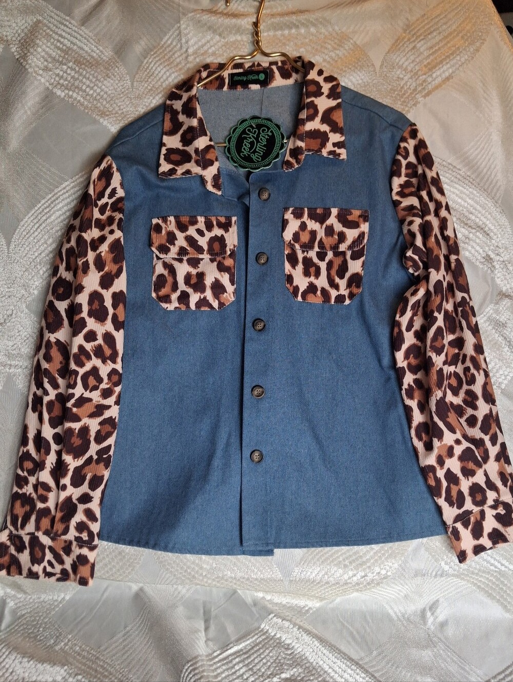 Large Leopard Sleeve Blue Button-Front Jacket - Women Sterling Kreek